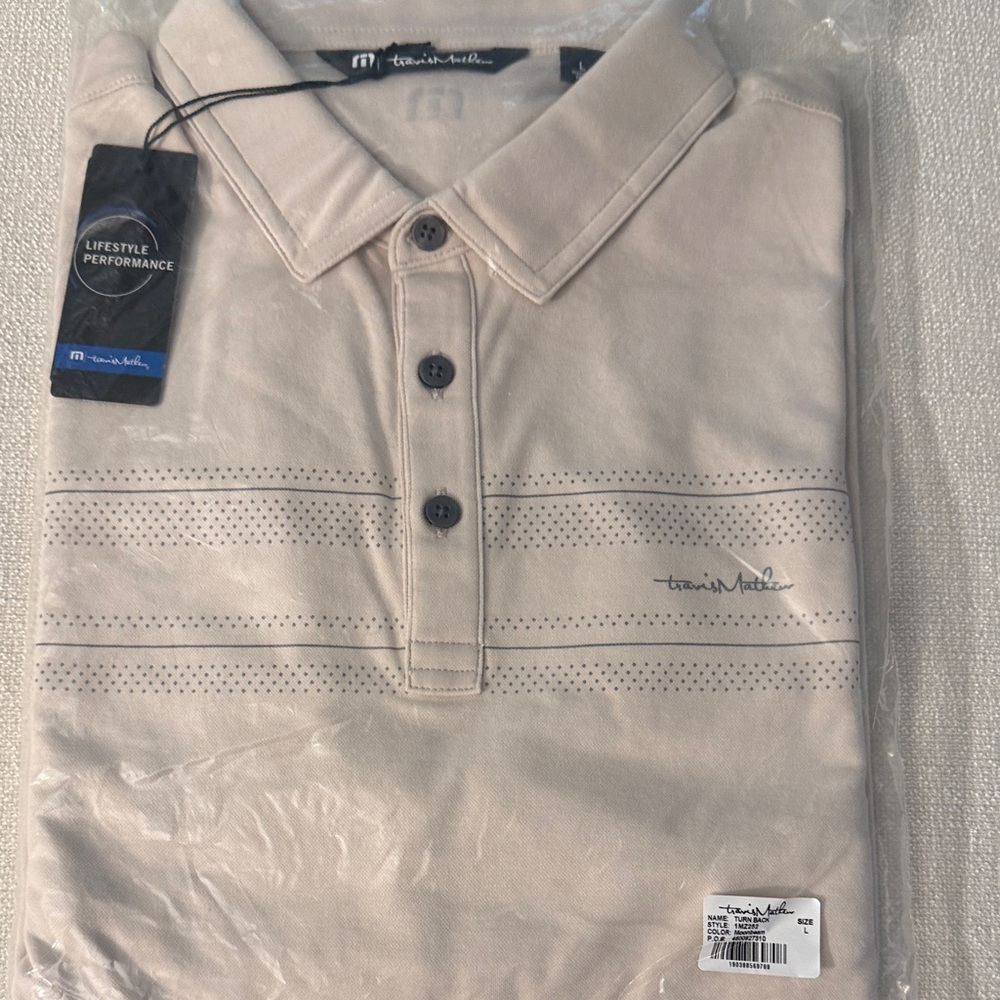 NWT Travis Mathew Beige Perforated Stripe Short-Sleeve Polo